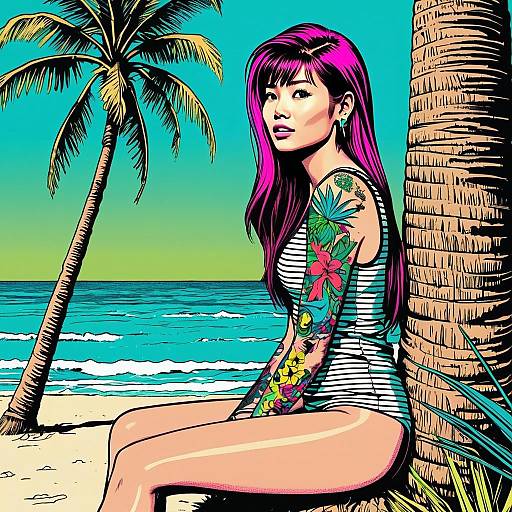 Vibrant Comic Style Woman with Floral Tattoo on Tropical Beach