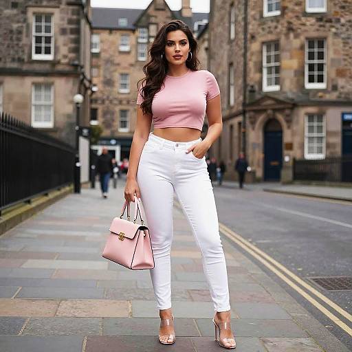 Confident Woman in Dusty Pink Crop Top and White Pants Urban Streetwear