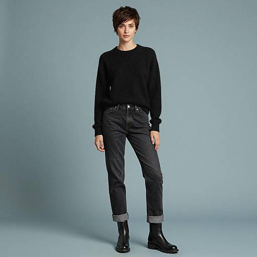 Minimalist Gen Z Style: Woman in Black Sweater and Dark Jeans