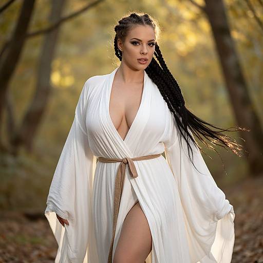 Woman in White Flowing Robe with Braided Hair in Autumn Forest