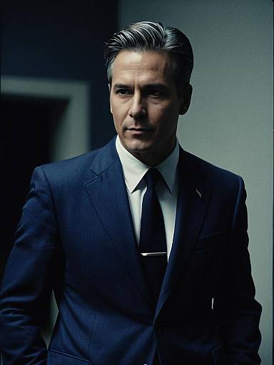 Man in Navy Blue Suit with Black Shirt Cinematic Realism Portrait