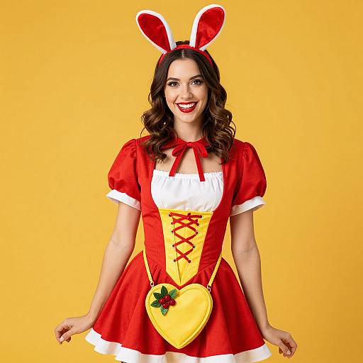 Young Woman in Festive Red Costume with Bunny Ears and Heart-Shaped Purse
