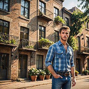 Young Man in Blue Plaid Shirt on Sunlit Urban Street