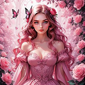 Young Woman in Pink Dress Surrounded by Roses and Butterflies