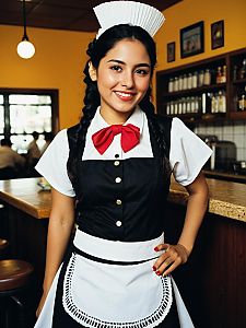 Mexican Waitress Costume with Traditional Apron and Red Bow Tie