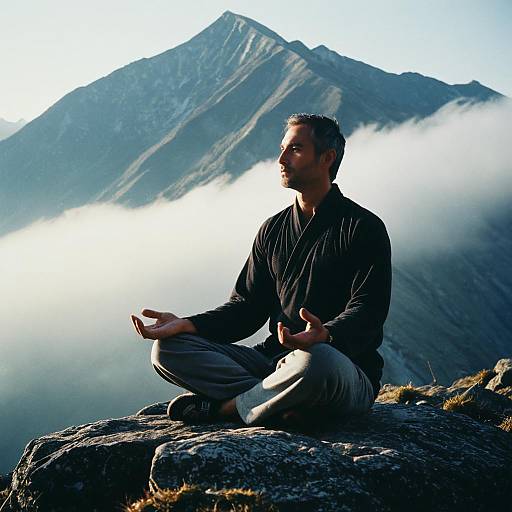 Meditating Man on Mountain Rock with Misty Mountain Background