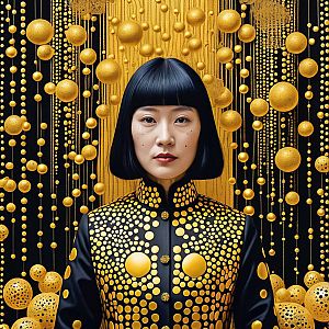 Bold Woman in Golden Outfit with Cascading Spheres