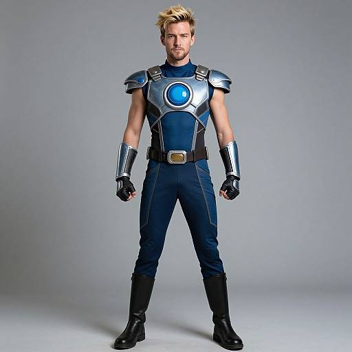 Futuristic Blue and Silver Armored Sci-Fi Superhero Man Costume