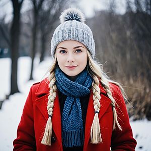 Winter Birthday Outfit with Woman in Red Coat, Blue Scarf, and Grey Beanie