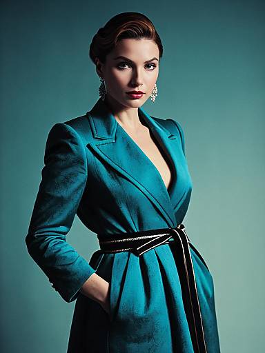 Glamorous Woman in Teal Designer Coat with Cinematic Realism