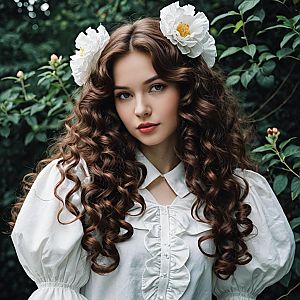 Young Woman with Curly Hair and White Flowers in Vintage White Blouse
