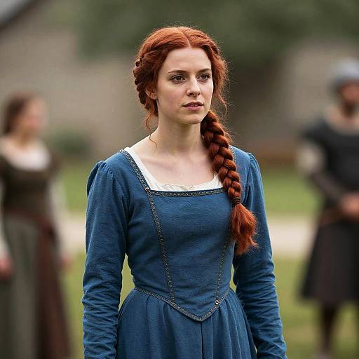 Medieval Period Woman in Blue Dress with Red Braid Historical Outfit