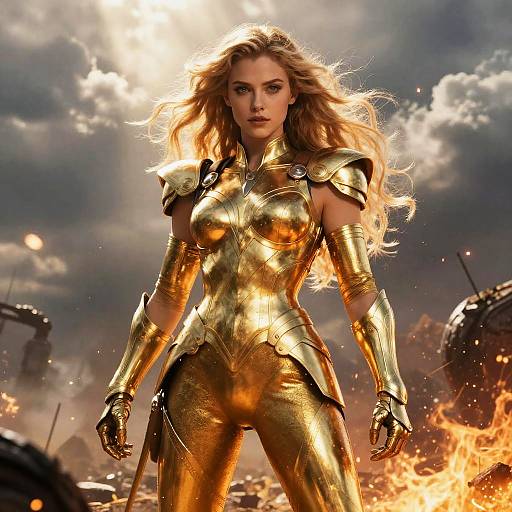 Confident Woman in Golden Armor Fantasy Warrior
