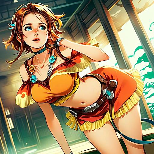 Anime Illustration of Young Woman in Colorful Outfit