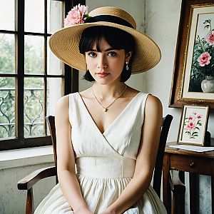 Young Woman in Vintage Dress by Window