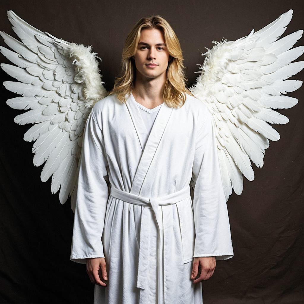 Young Man in White Robe with Angel Wings Young Man in White Robe with Angel Wings