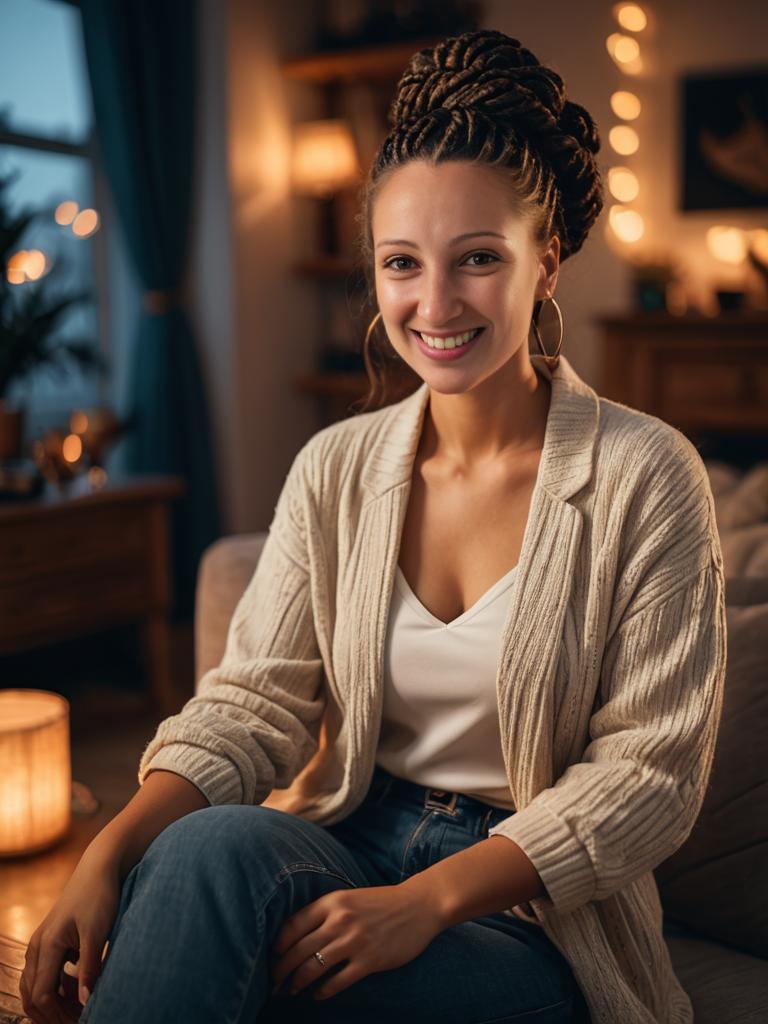 Cheerful woman in cozy living room