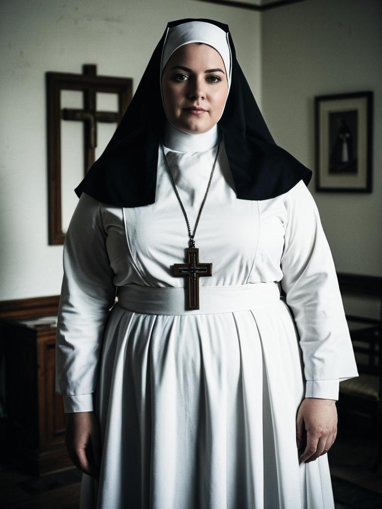 Plus Size Woman in Traditional Nun Outfit Wearing White Dress and Cross Necklace