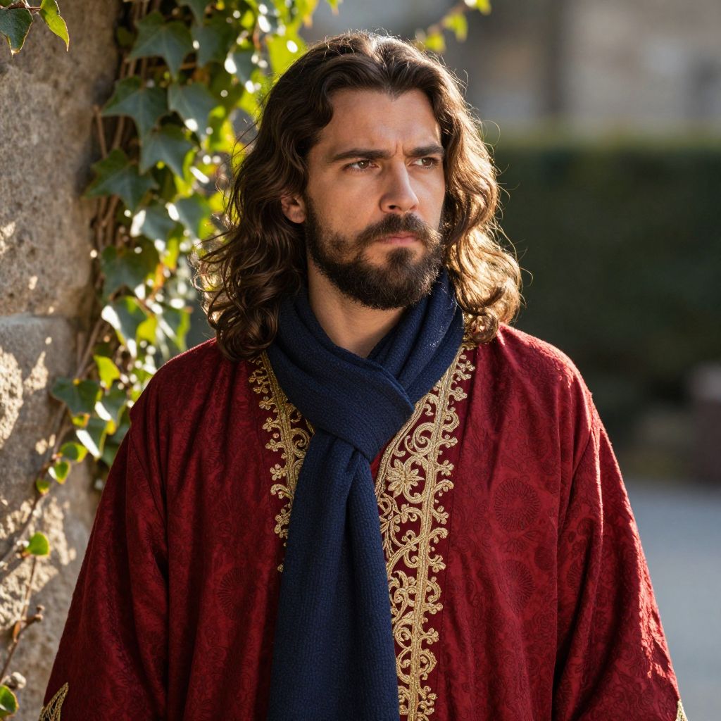 Man in Embroidered Red Robe and Blue Scarf Outdoor Portrait