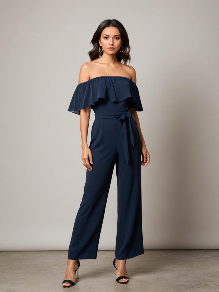 Stylish Woman in Navy Off-the-Shoulder Jumpsuit