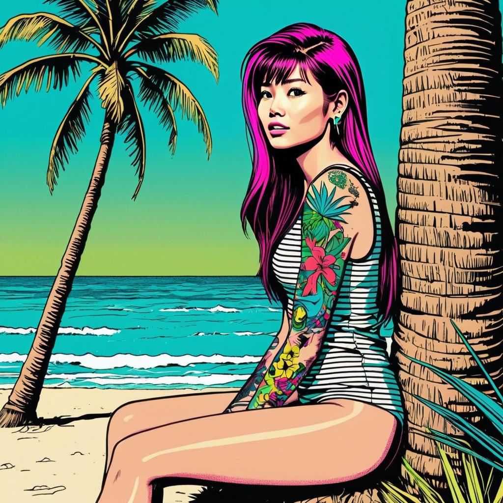 Vibrant Comic Style Woman with Floral Tattoo on Tropical Beach