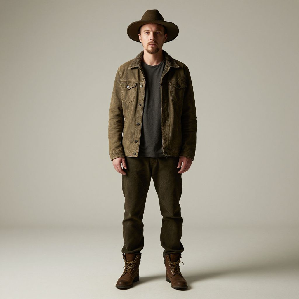Man in Rugged Outdoor Outfit with Brown Hat and Leather Boots