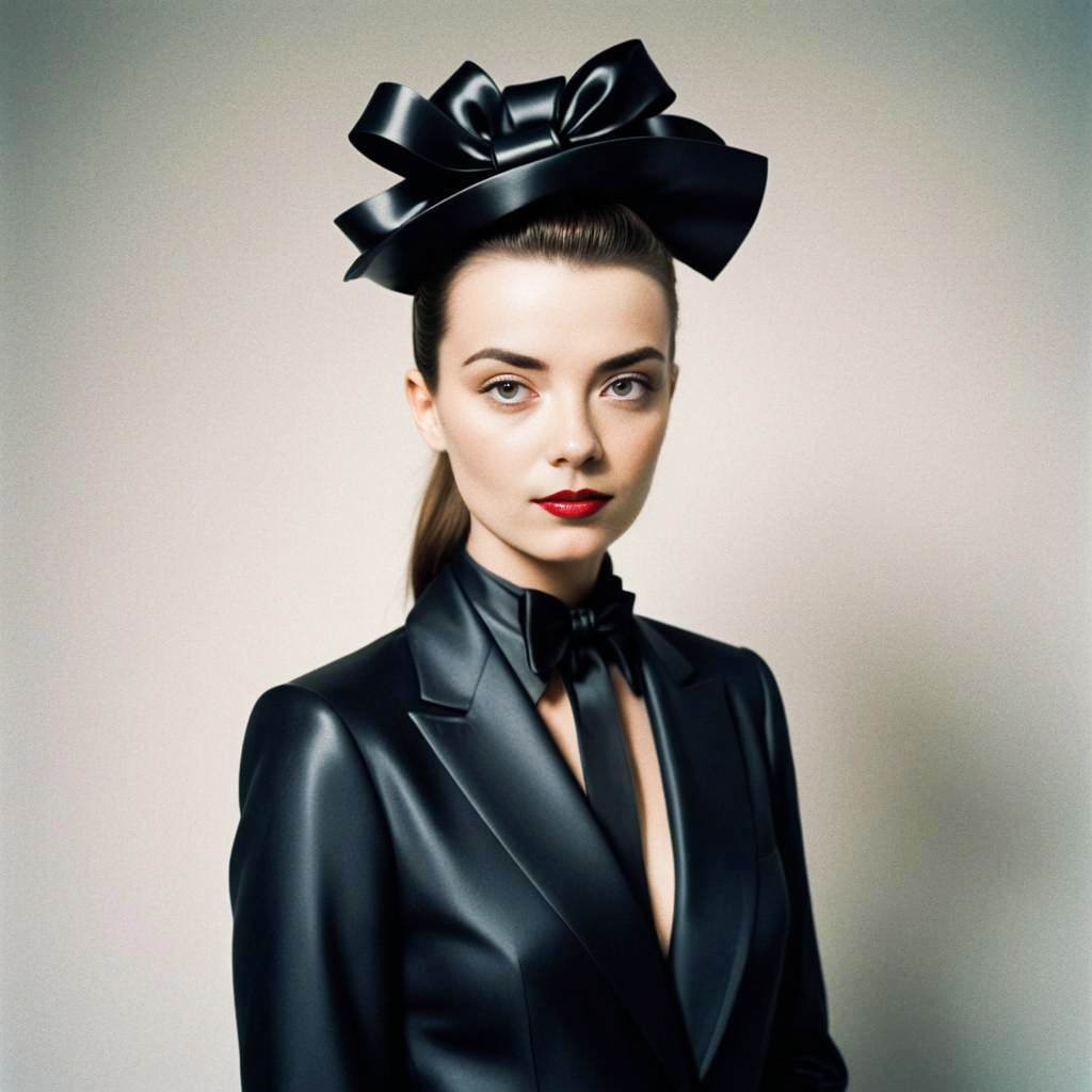 Elegant Woman in Black Suit with Bow Hat