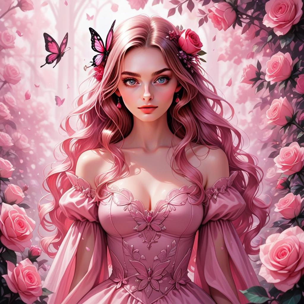 Young Woman in Pink Dress Surrounded by Roses and Butterflies Young Woman in Pink Dress Surrounded by Roses and Butterflies