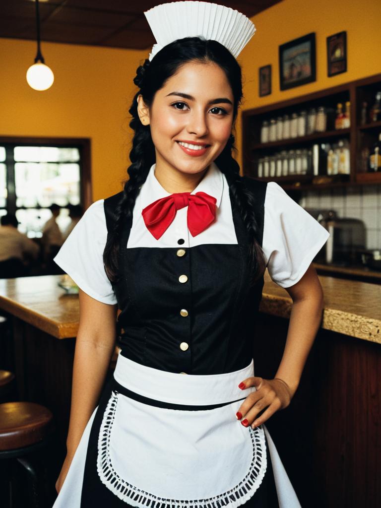 Mexican Waitress Costume with Traditional Apron and Red Bow Tie