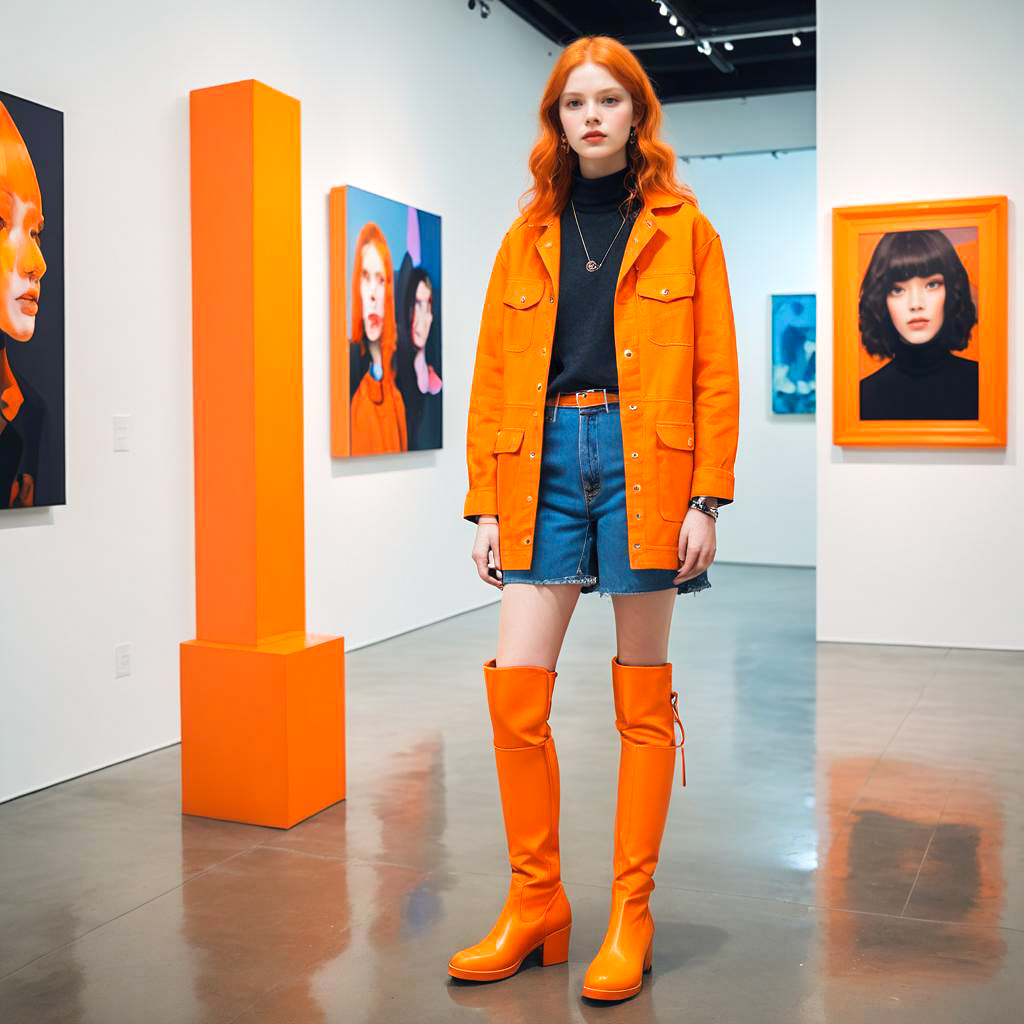 Confident Woman in Orange Outfit at Art Gallery