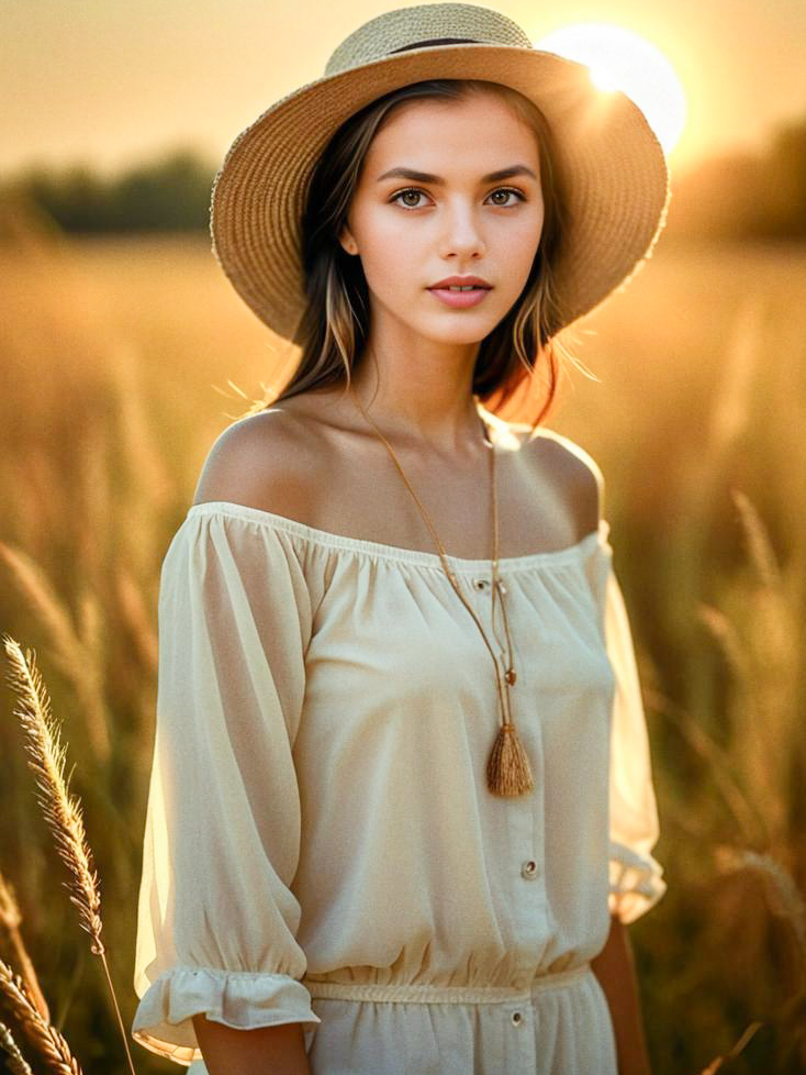 Young Woman in Sunlit Field at Golden Hour