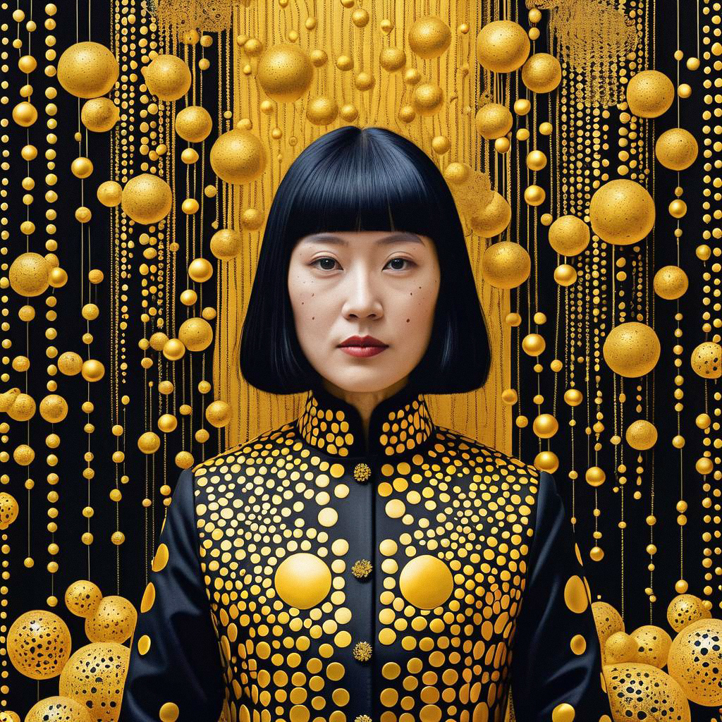 Bold Woman in Golden Outfit with Cascading Spheres