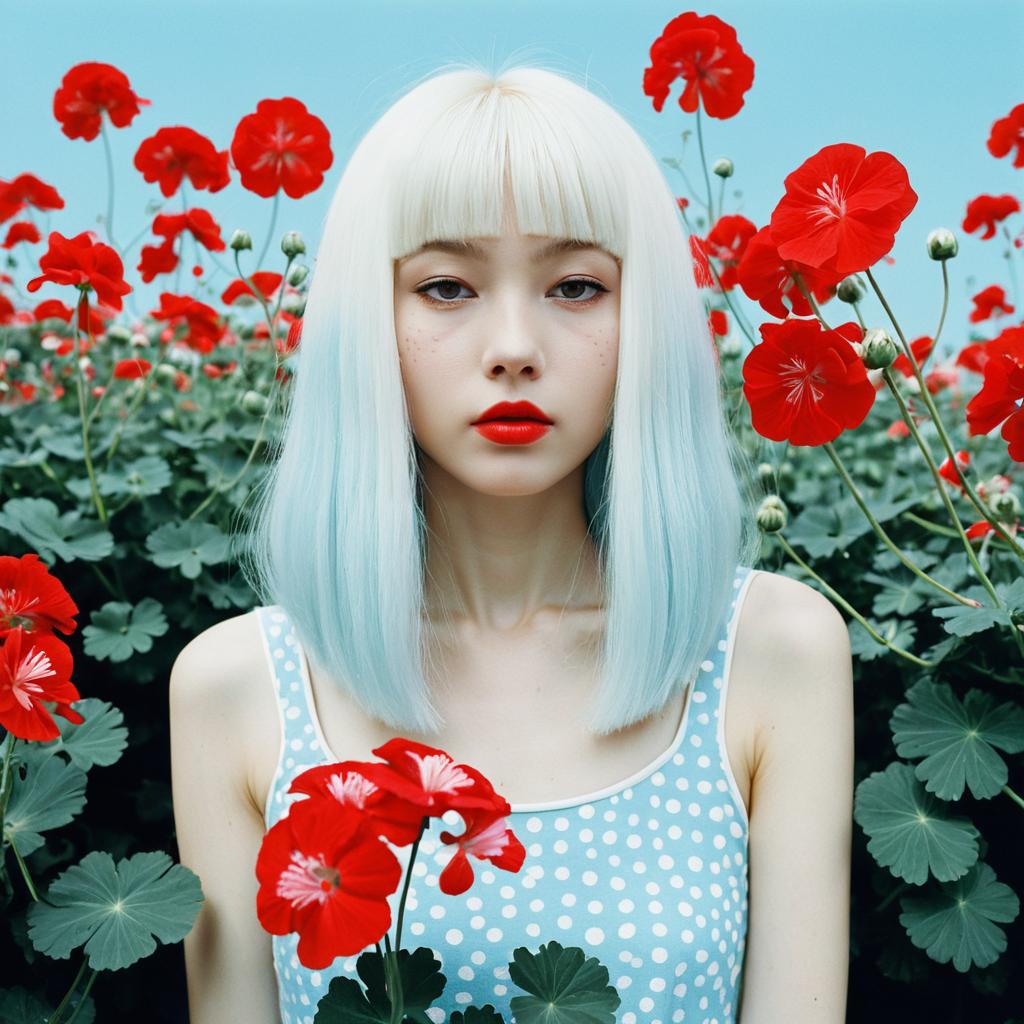 Portrait of Woman with Platinum Blonde Hair Among Red Flowers