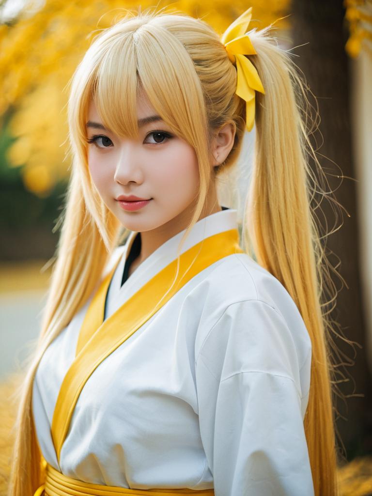 Blonde Woman in Traditional Martial Arts Outfit with Autumn Background