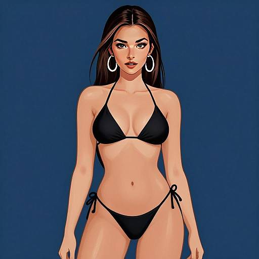 Vector Art Illustration of Woman in Black Bikini on Blue Background