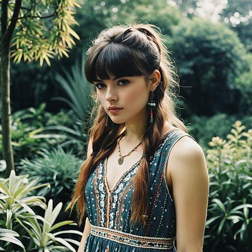 Bohemian Woman Portrait with Braided Hair in Lush Garden