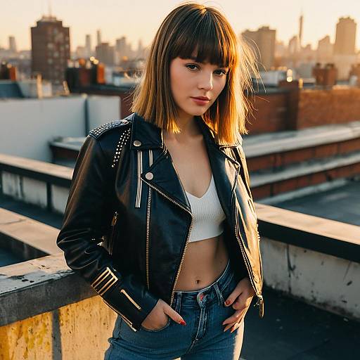 Young Woman in Leather Jacket on Urban Rooftop at Golden Hour