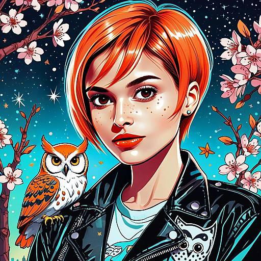 Red-haired Woman with Owl and Cherry Blossoms Digital Artwork