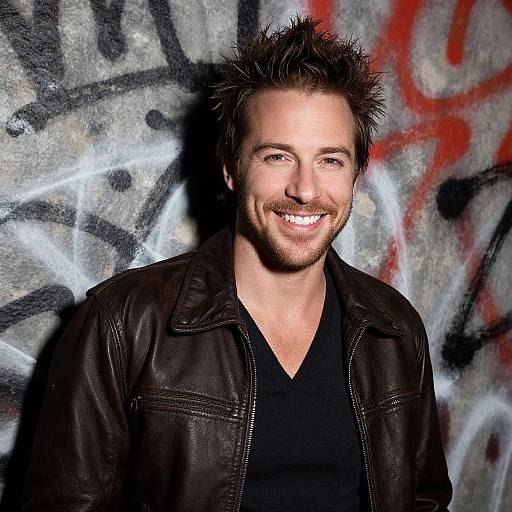 Smiling Young Man in Leather Jacket Against Graffiti Wall
