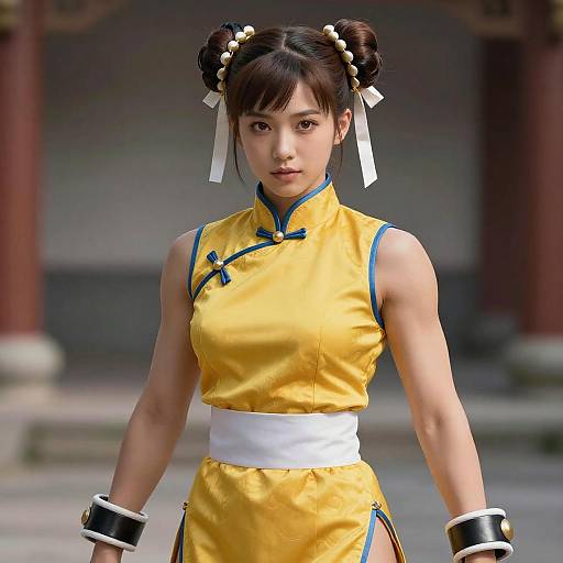 Realistic Cosplay Woman in Yellow Traditional Martial Arts Outfit