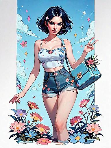 Realistic Comic Style Woman in Floral Outfit with Blue Sky Background