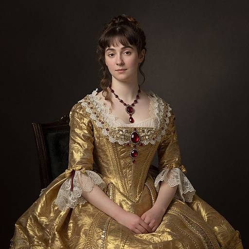 Elegant Woman in Golden Baroque Gown with Red Gemstone Jewelry