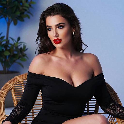 Glamorous Woman in Black Off-Shoulder Dress with Red Lipstick