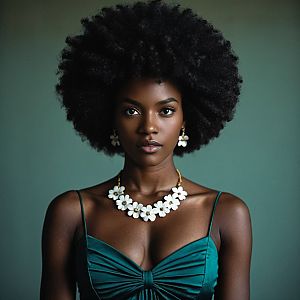Portrait of Dark-Skinned Woman in Teal Dress with Afro Hairstyle