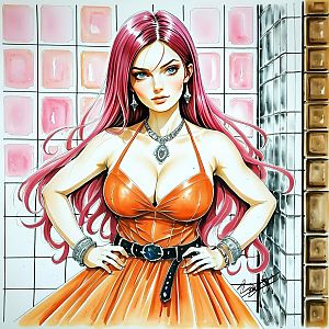 Confident Woman with Pink Hair in Orange Dress