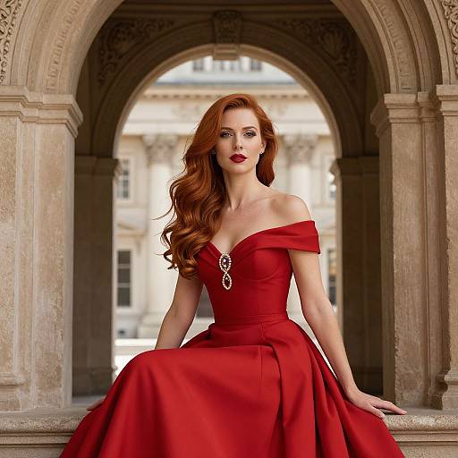 Elegant Woman in Red Gown Sitting Gracefully by Classical Stone Archway