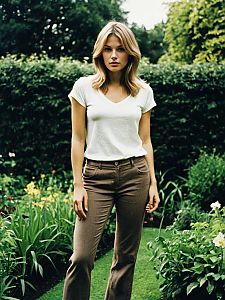 Young Woman in Casual Outfit Standing in Lush Garden