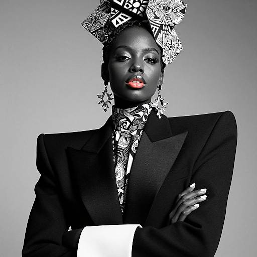 Black and White Fashion Portrait with Graphic Patterns and Bold Lipstick