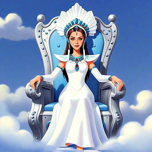 Regal Woman in White Gown on Ornate Throne with Fantasy Cloud Background
