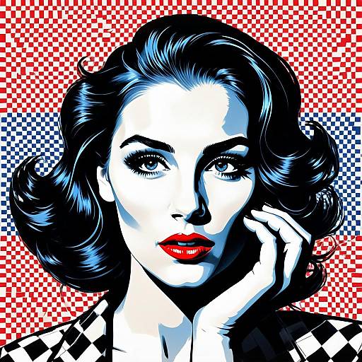 Pop Art Portrait of Woman with Blue Hair and Red Lips on Checkered Background